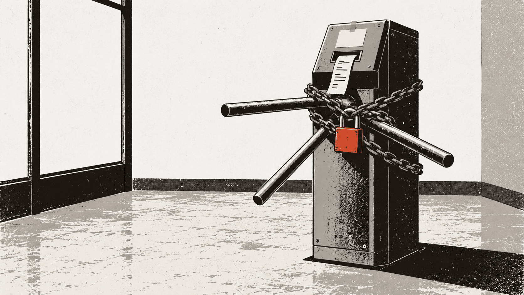 A padlocked turnstile stands alone in an empty shopfront, with a betting slip wedged halfway into its token slot.