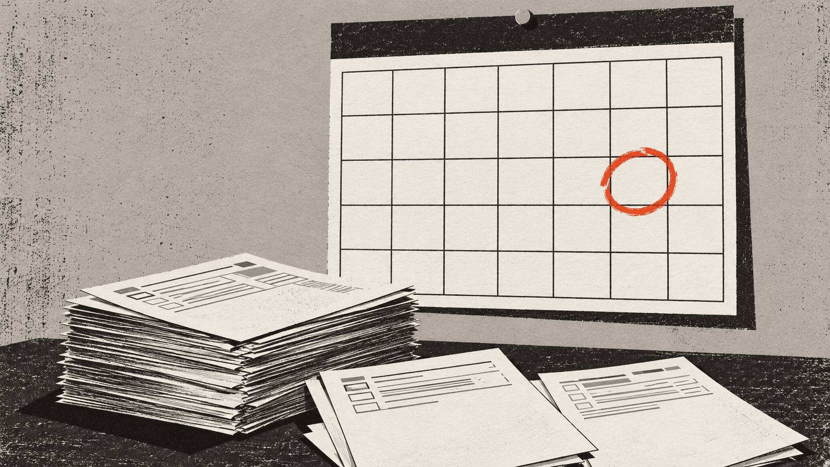 A wall calendar with one date circled in ink above a desk stacked with partly printed paper forms.