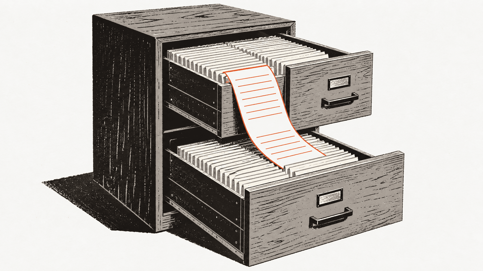 A filing cabinet with two open drawers full of identical paper forms, one form stretched between them as if being copied from one drawer to the other.