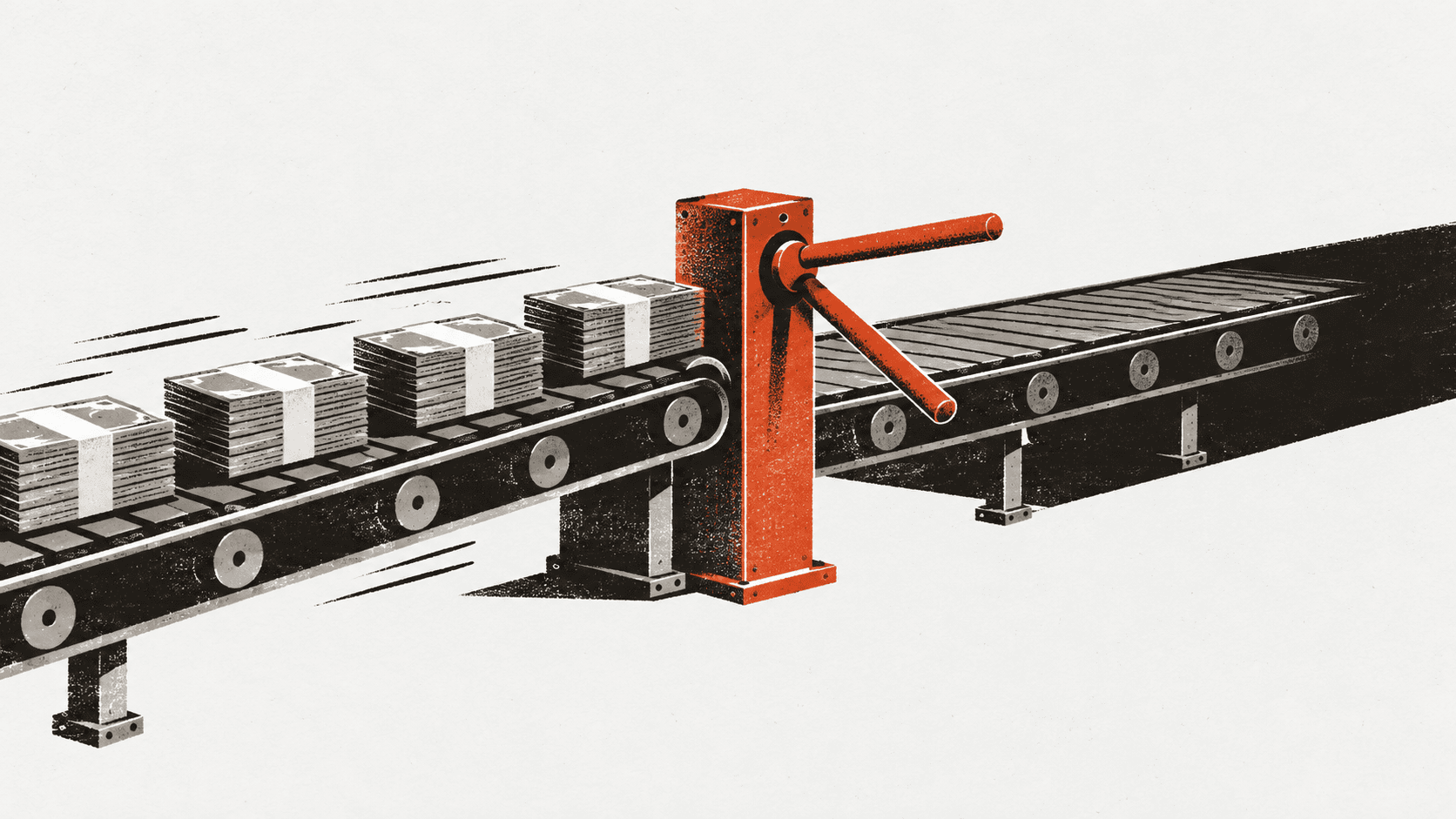 A conveyor belt carrying banded stacks of dollar bills moves toward a turnstile, beyond which the belt continues but stands empty and still.
