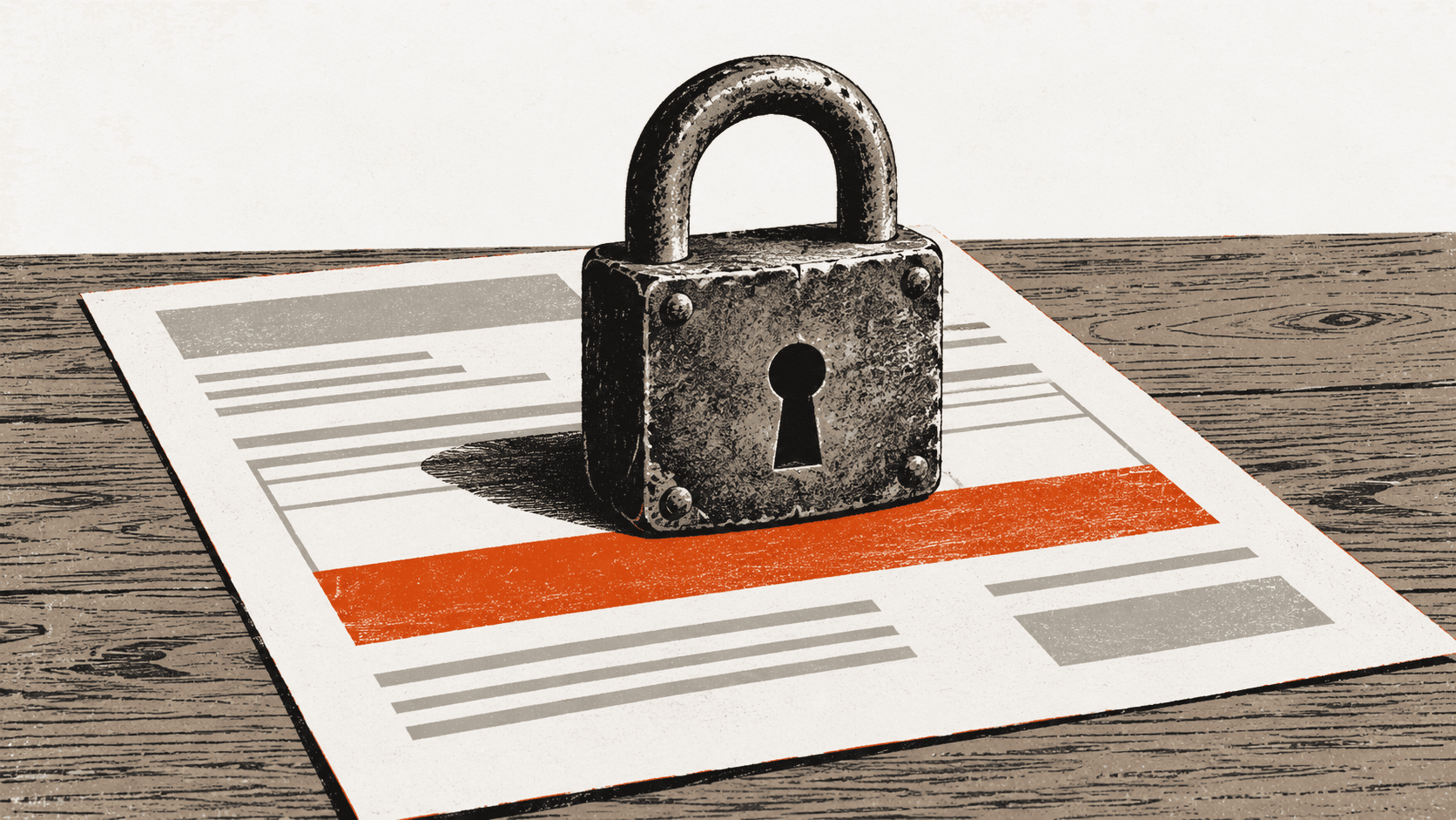 A large paper invoice resting on a bank counter with an iron padlock sitting on top of it, its keyhole empty.
