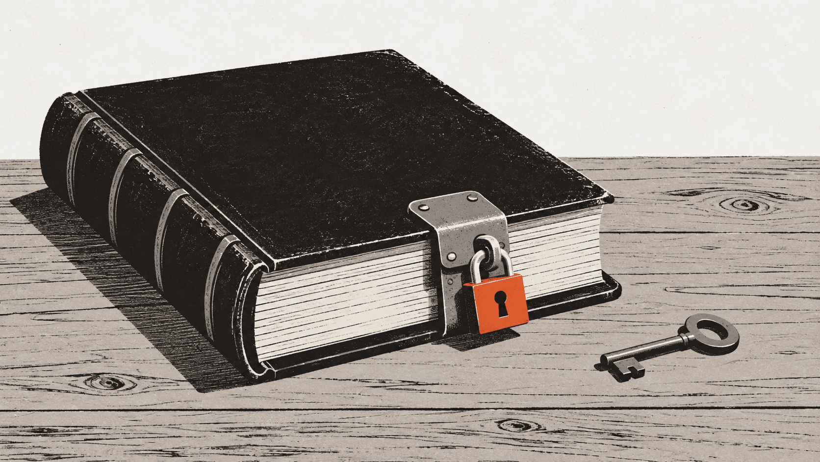 A padlocked ledger book rests closed on a counter with a key placed just out of reach beside it.