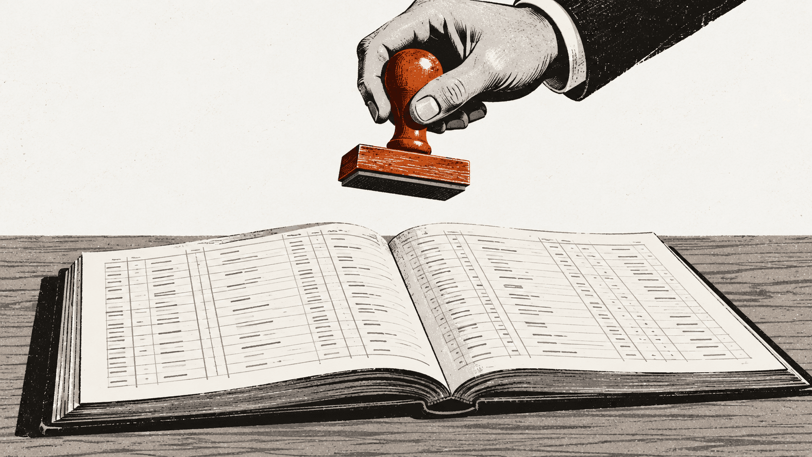 A hand holds a rubber stamp suspended above an open ledger of figures without pressing it down.
