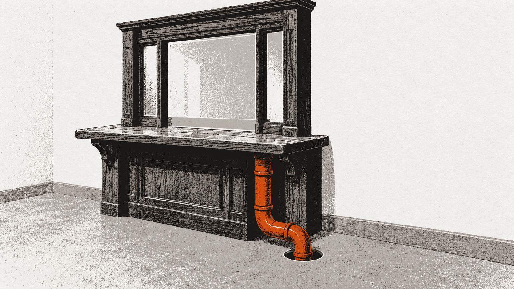 A traditional bank counter window with an unmarked brass pipe running from beneath it into a hole cut in the floor.