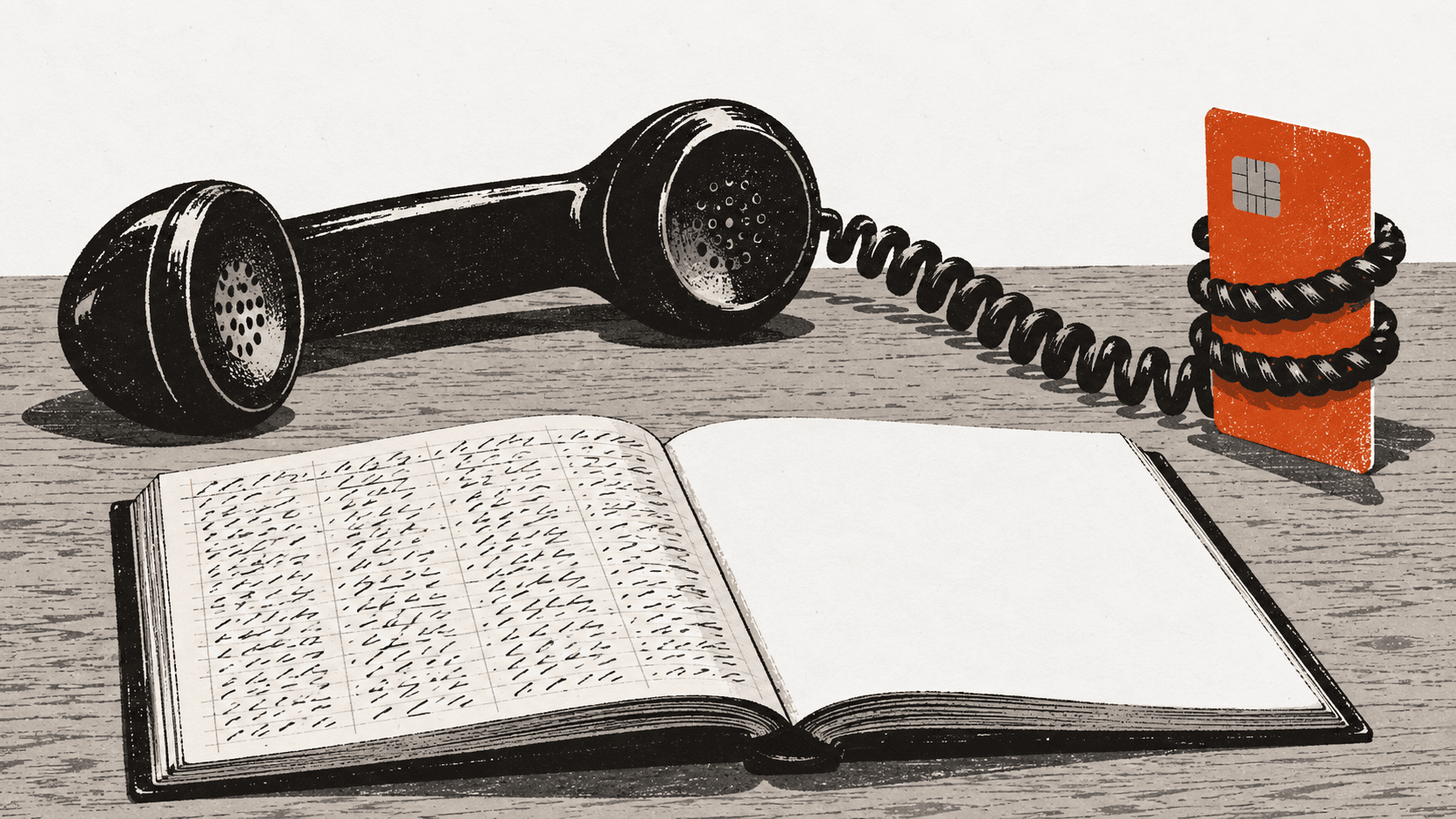 An old telephone handset connected by a coiled cord to an upright bank card on a desk, beside an open ledger with one page of figures and one page left blank.