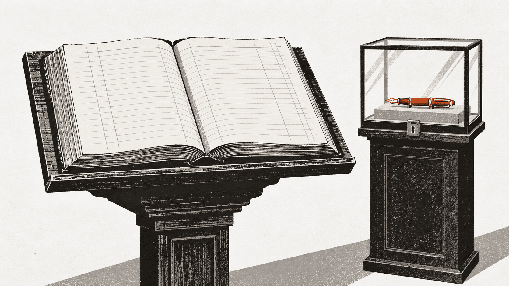 An open ledger book on a wooden lectern next to a sealed glass case containing a single fountain pen that cannot be reached.