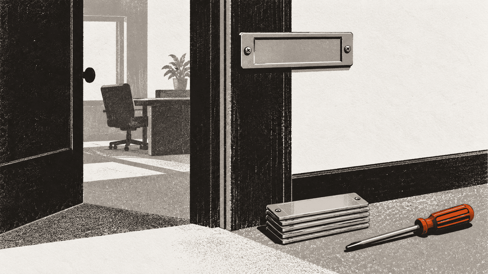 An empty brass nameplate holder beside an office door, with a stack of blank nameplates and a screwdriver left on the floor below it.