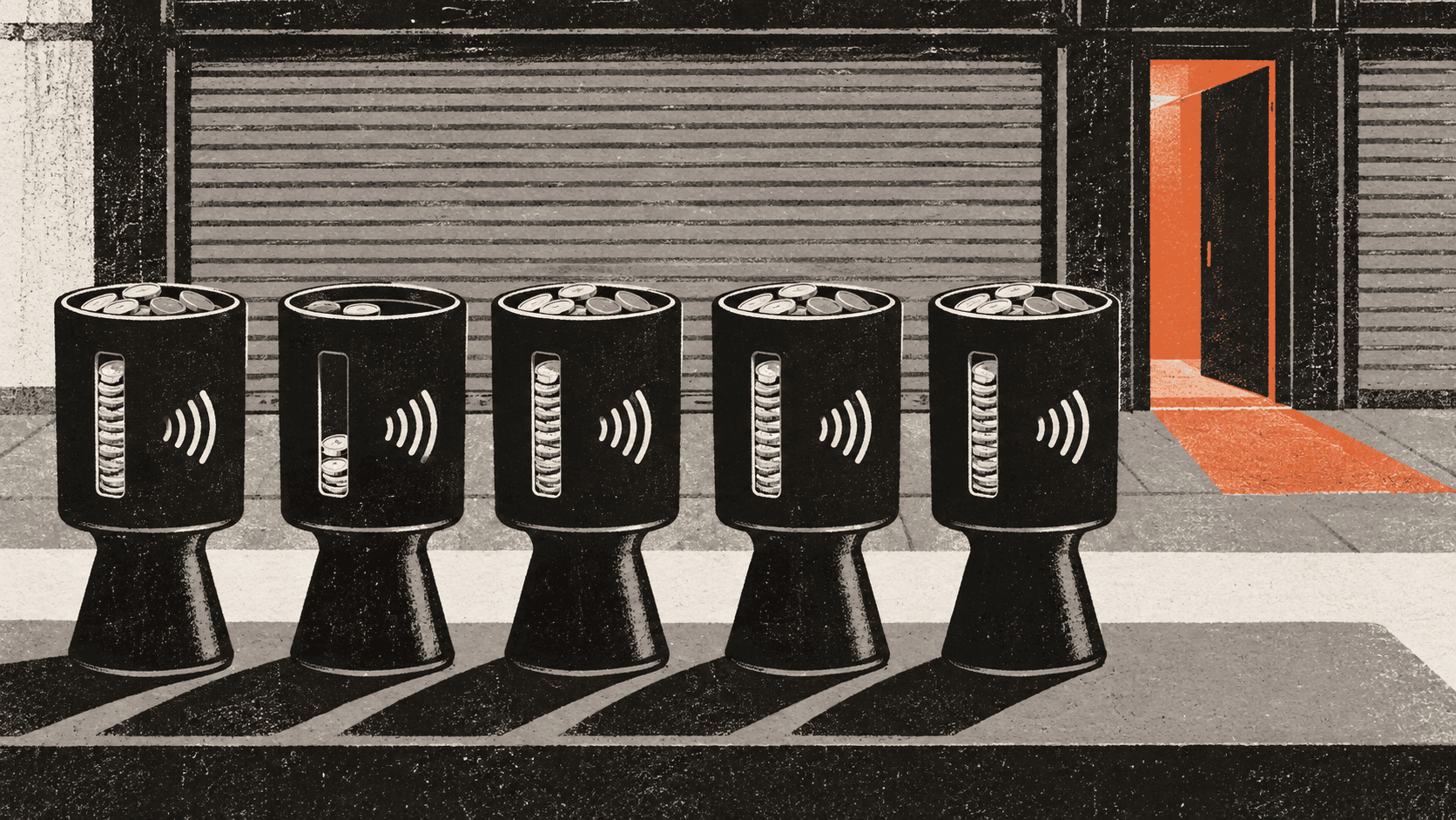 A row of phone-shaped charity collection tins on a shop counter, each marked with a contactless symbol, with one tin visibly emptier than the others.