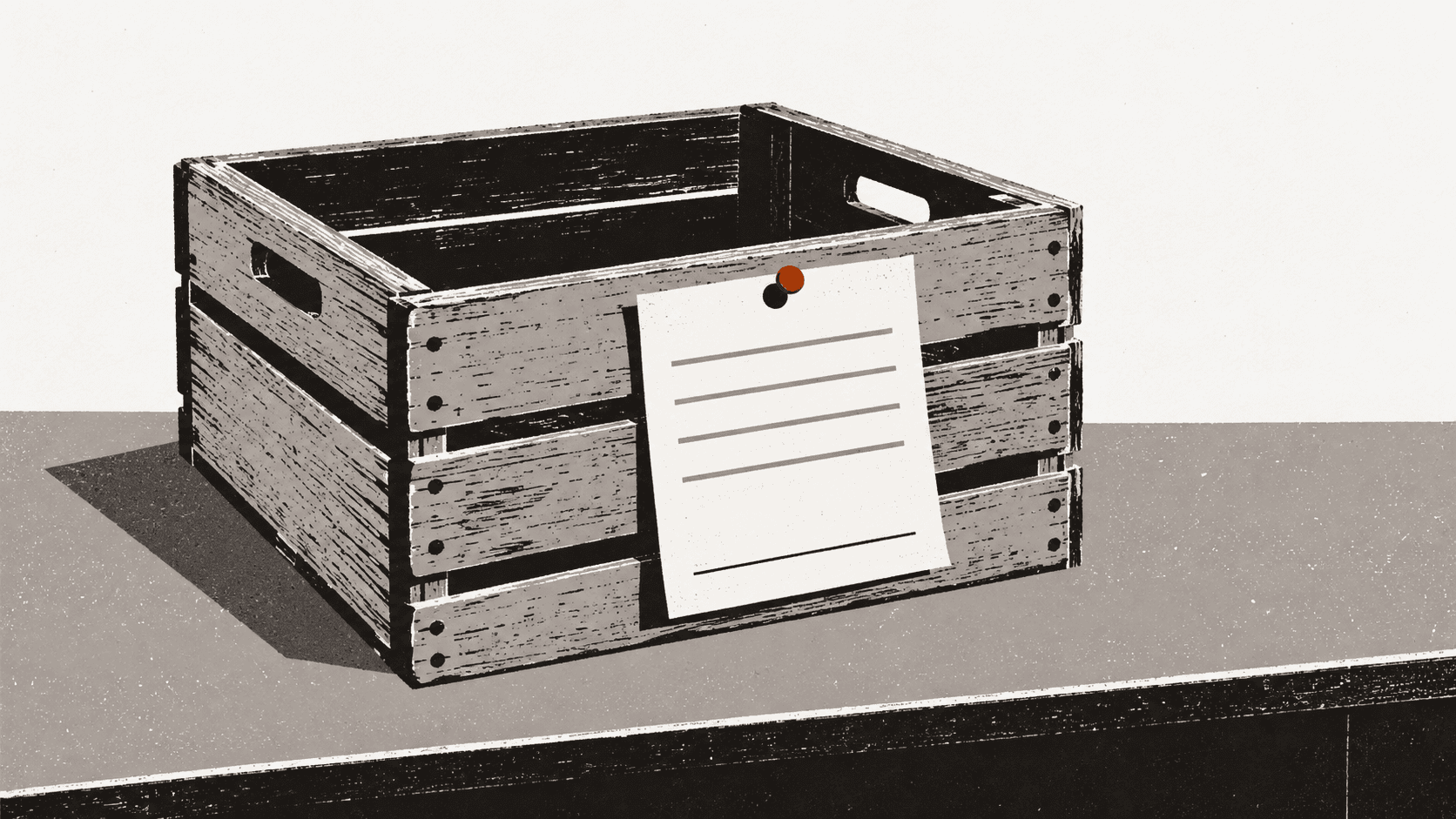 An empty wooden food bank crate stands on a bank counter beside a paper Direct Debit form with its signature line left blank.
