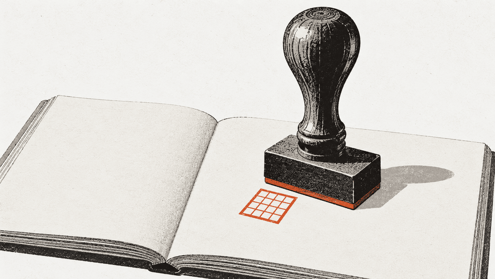 A large rubber stamp rests on an open ledger, having pressed a single neat grid square onto the page while the rest of the sheet remains blank.