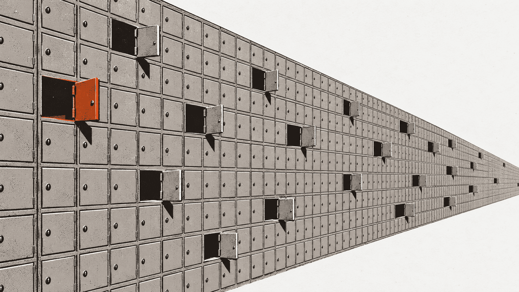 A long wall of identical postboxes, most of them shut, with a scattered handful standing open to reveal bare dark interiors.