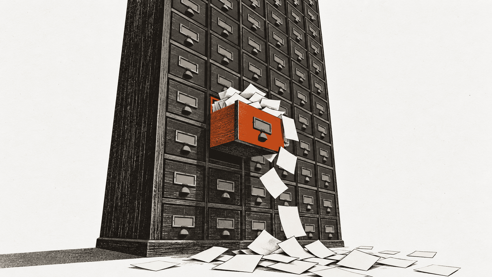 A towering filing cabinet with dozens of unlabelled drawers, one pulled open and overflowing with loose paper slips.