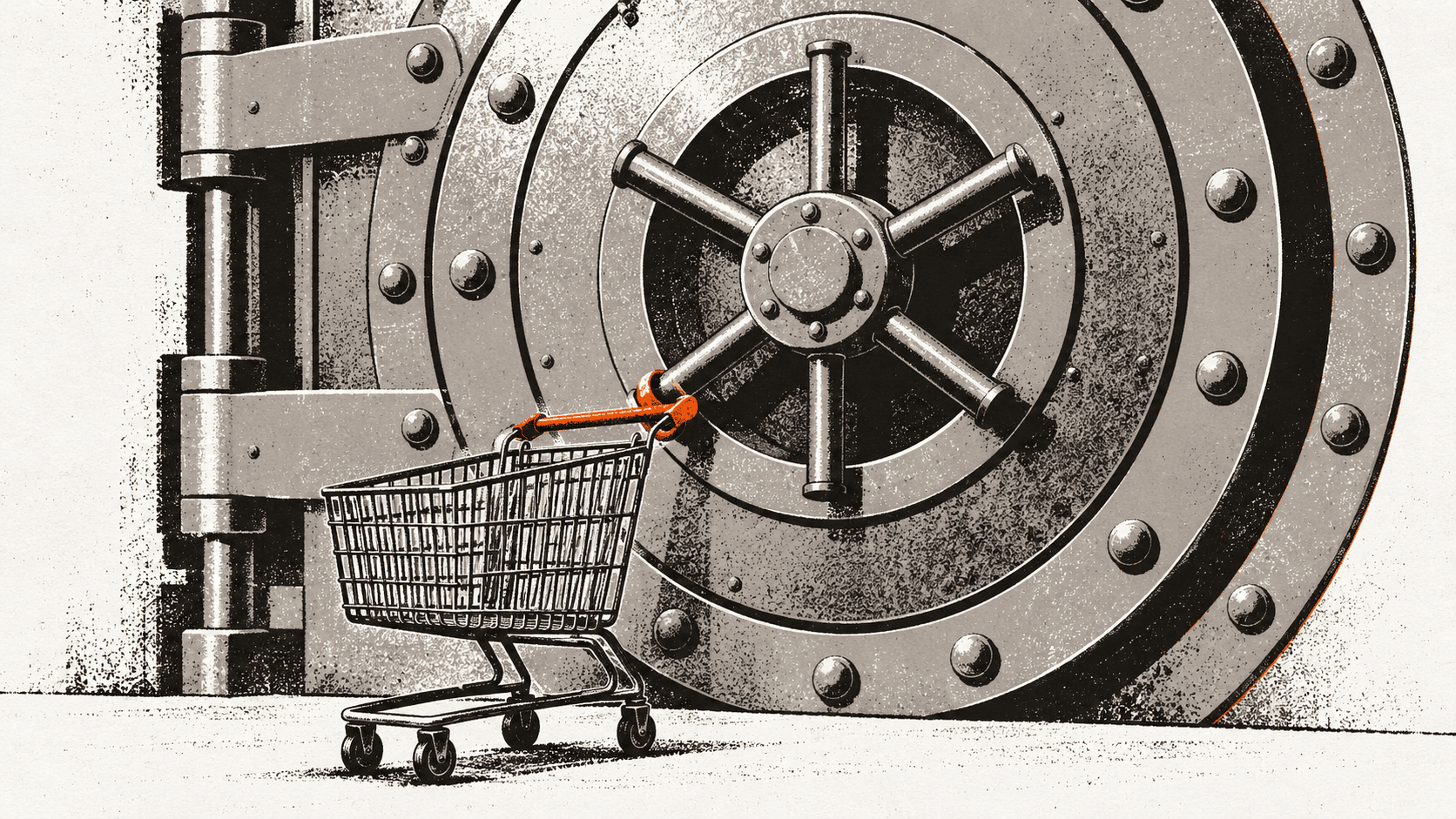 An empty supermarket shopping trolley parked with its handle looped through the locking wheel of a large steel bank vault door.