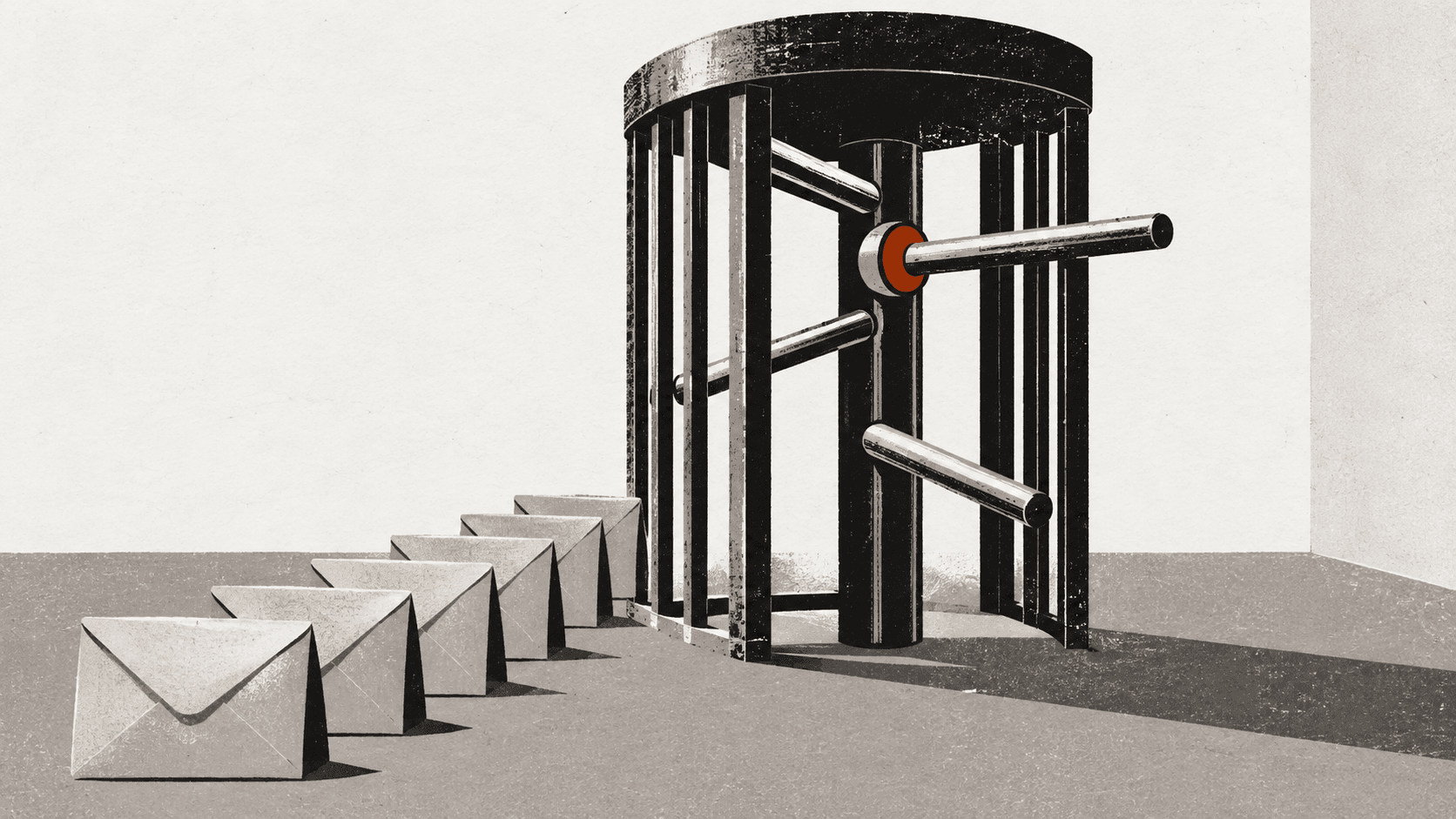 A large turnstile stands alone in an empty hall, blocking a queue of sealed envelopes stacked in front of it.