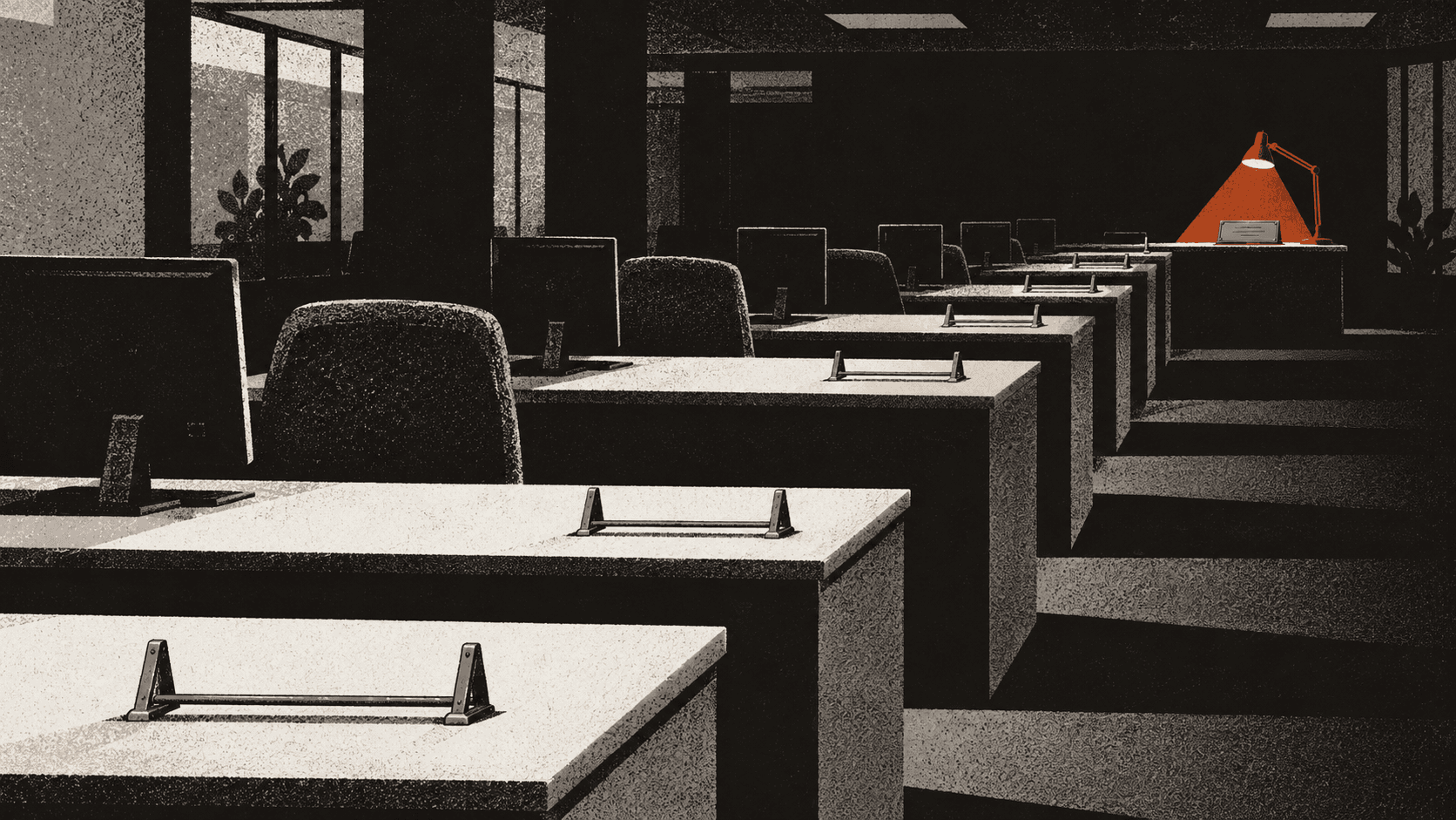 A long row of bank advisers' desks with empty brass nameplate holders, except for one desk at the far end that still has a nameplate and a lit lamp.