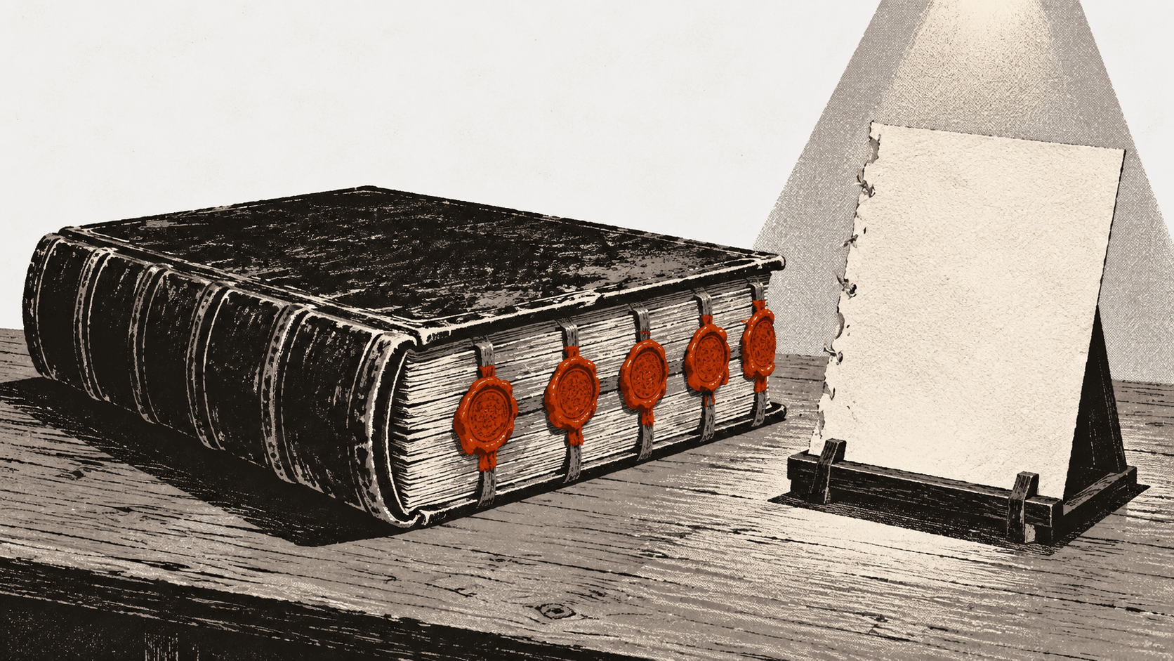 A thick ledger sealed shut with wax, beside a single page cut free from it and propped upright on a small stand.