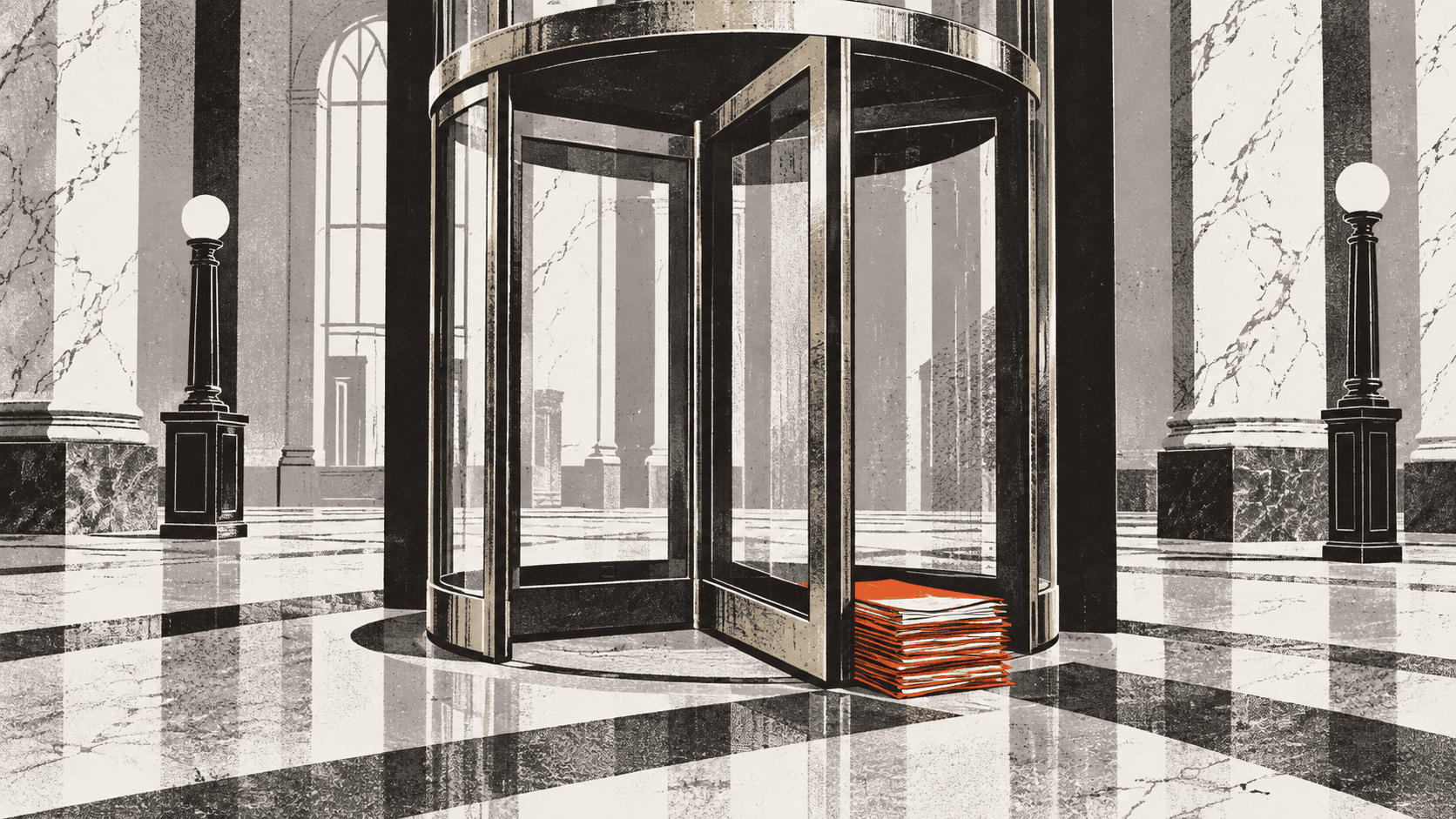 A revolving door in a grand marble banking hall stopped halfway through its turn, propped open by a thick wedge of stacked paper files.