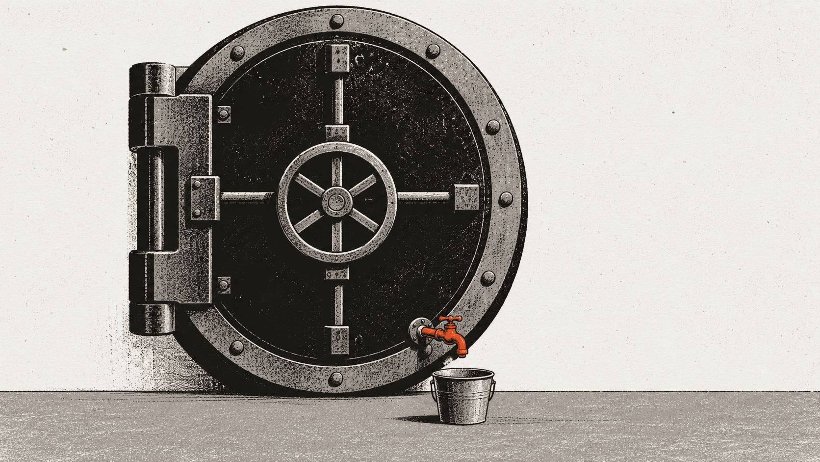 A sealed oversized vault door with a small brass tap at its base and an empty tin bucket waiting underneath.