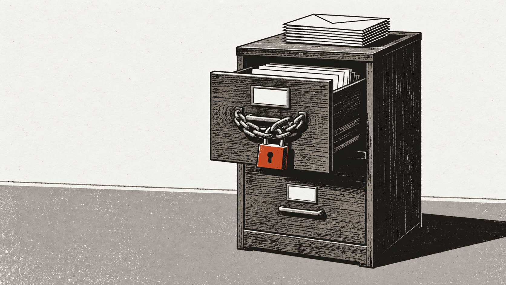 An office filing cabinet drawer secured with a chain and padlock, with a stack of unopened envelopes resting on top.