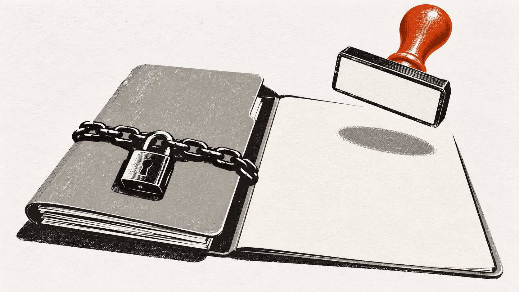 A padlocked paper case file on a desk beside an oversized rubber stamp hovering above an open page, its stamping face blank and not yet pressed down.