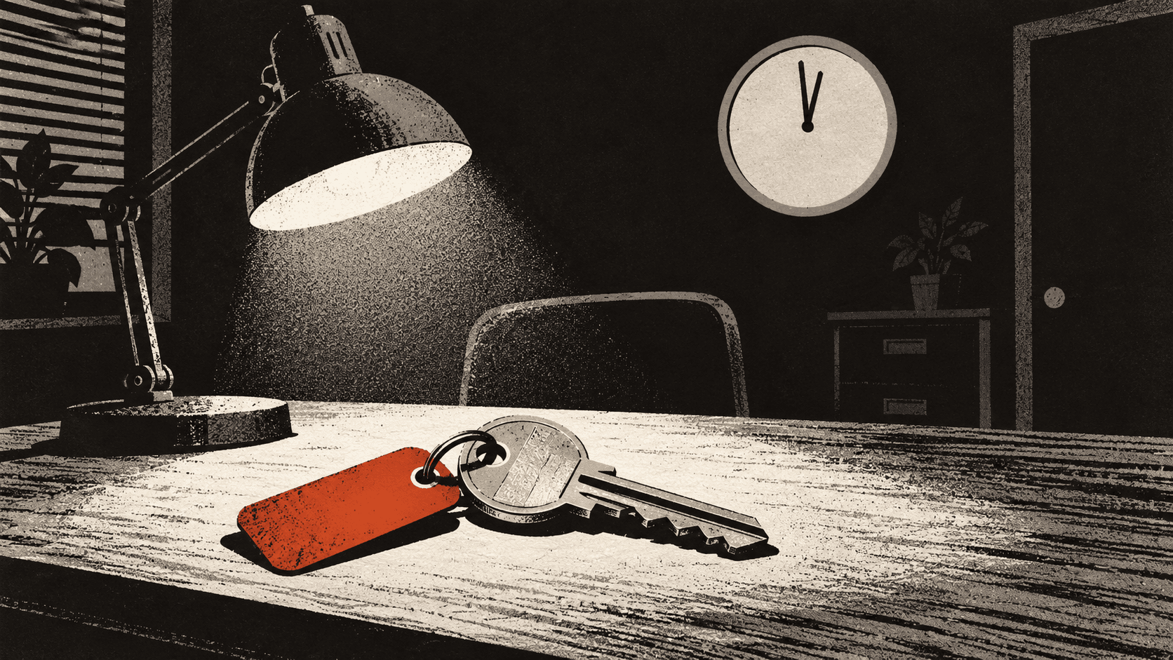 A house key rests under a desk lamp in an otherwise dark office, with a wall clock behind it showing hands near midnight.