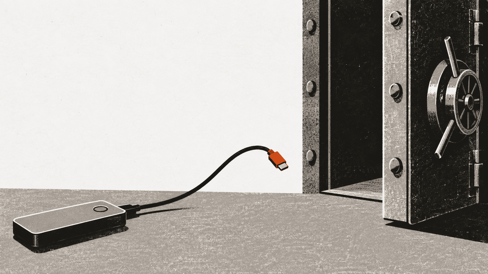 A small hardware wallet device on a table with its cable stretching toward but not quite reaching an open iron safe door.