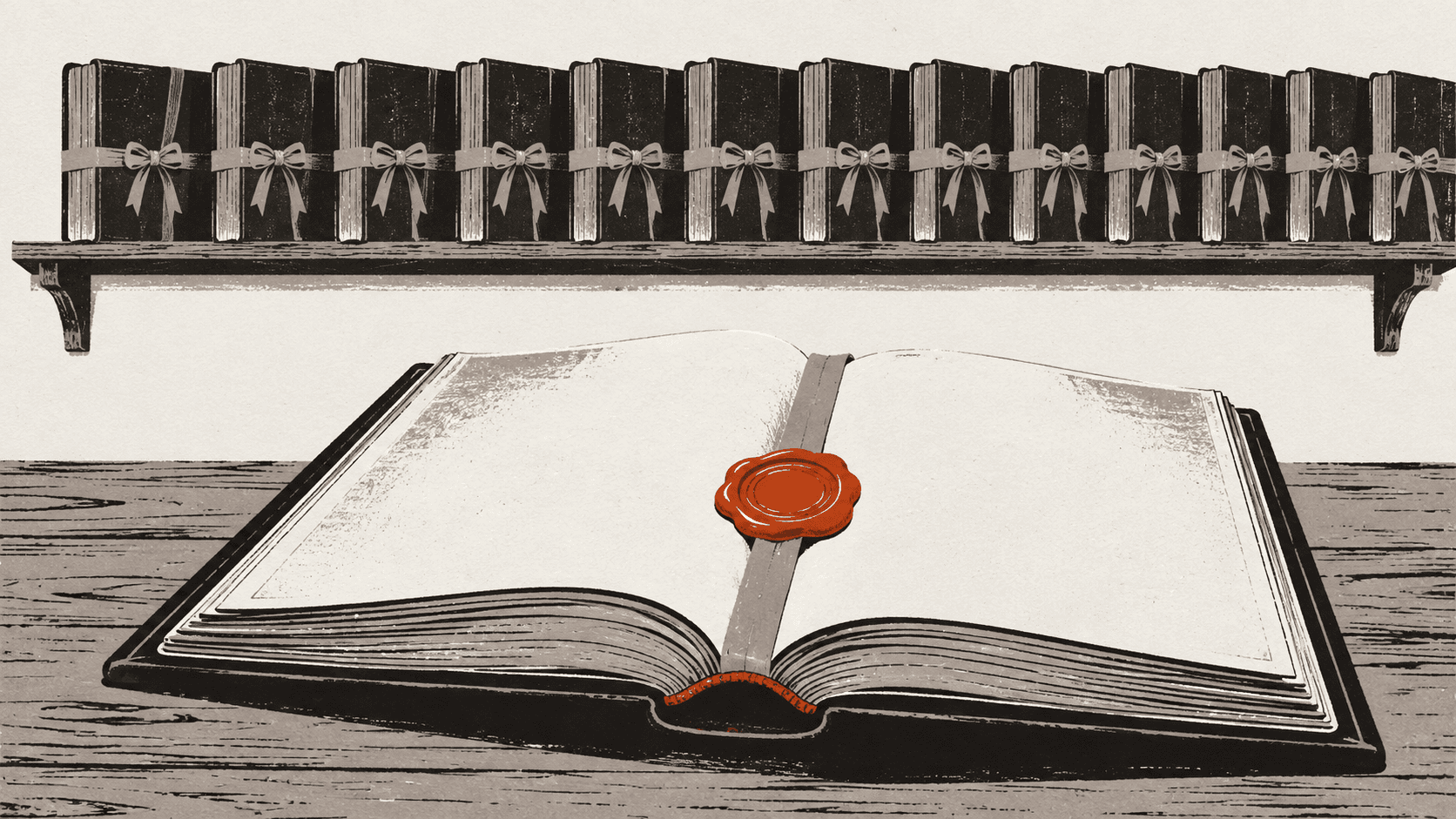 An open, sealed ledger sits alone on a table while a row of identical ledgers remain tied shut on a shelf behind it.