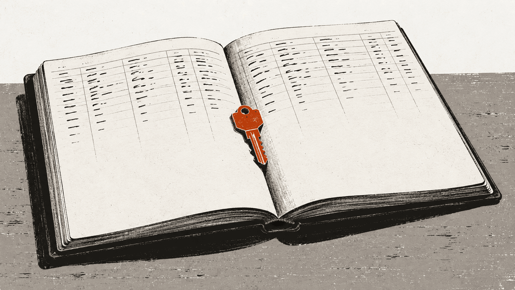 An open ledger book on a table, its written entries trailing off into blank pages with a single key resting in the fold.
