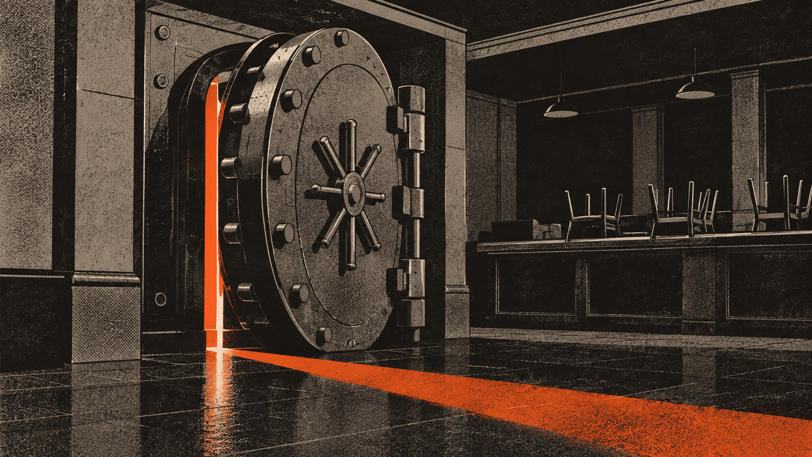 A bank vault door stands slightly open in an otherwise dark, closed branch, with a narrow line of light spilling across the floor.
