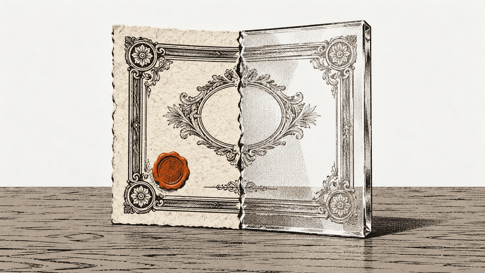 An illustration of a share certificate sliced in half, with ordinary paper on one side and solid glass on the other.