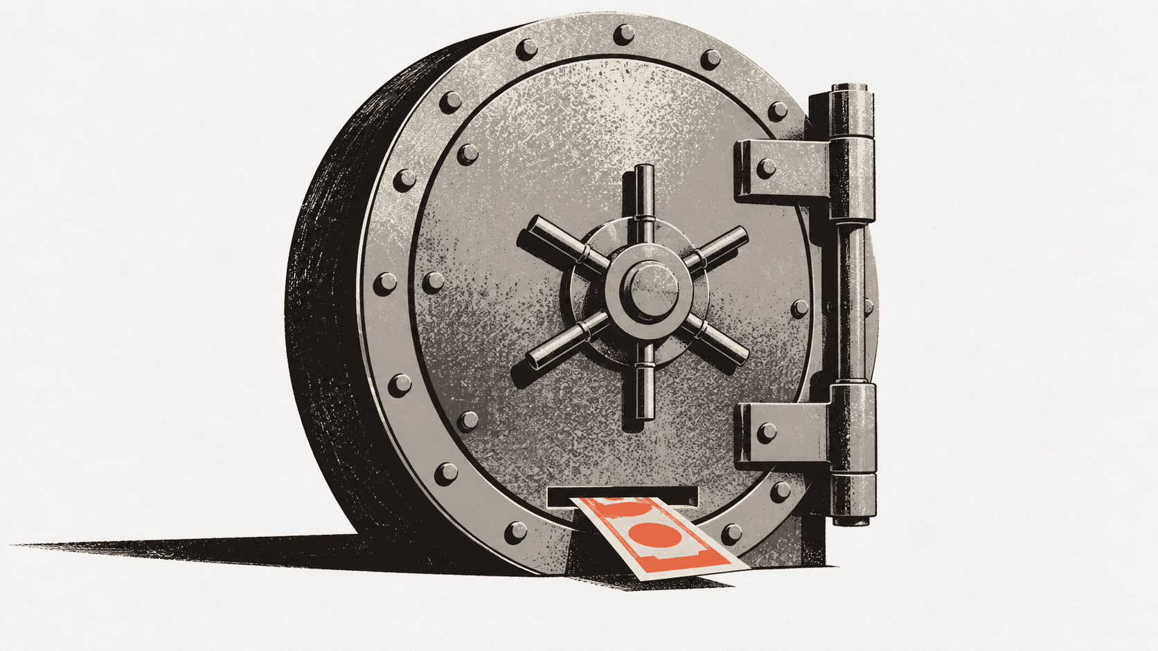 A sealed bank vault door with a banknote protruding from a narrow slot at its base, the door itself remaining shut.