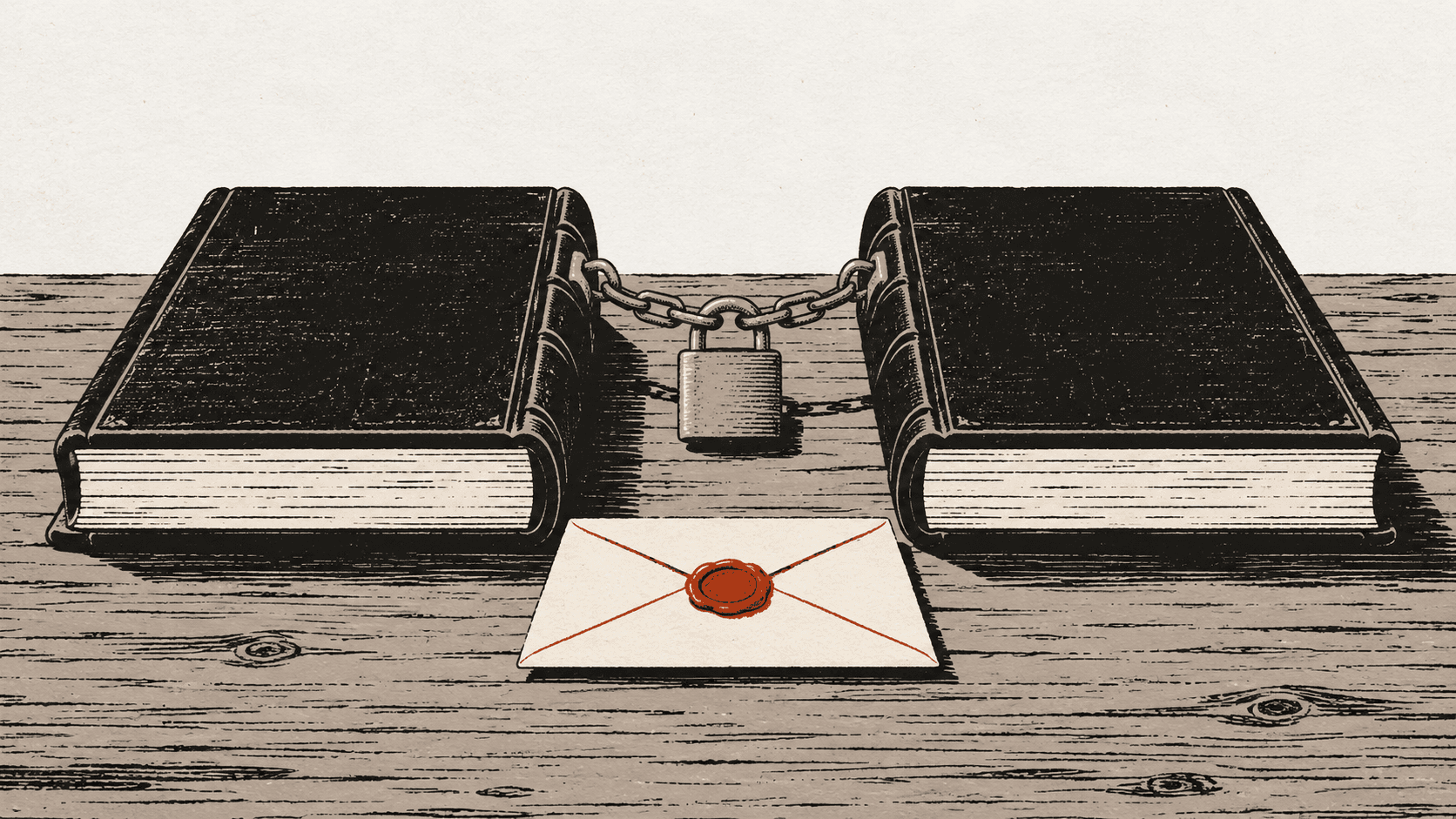 Two identical closed ledger books linked by a chain and a keyholeless padlock on a bare desk, with a sealed, unmarked envelope resting between them.