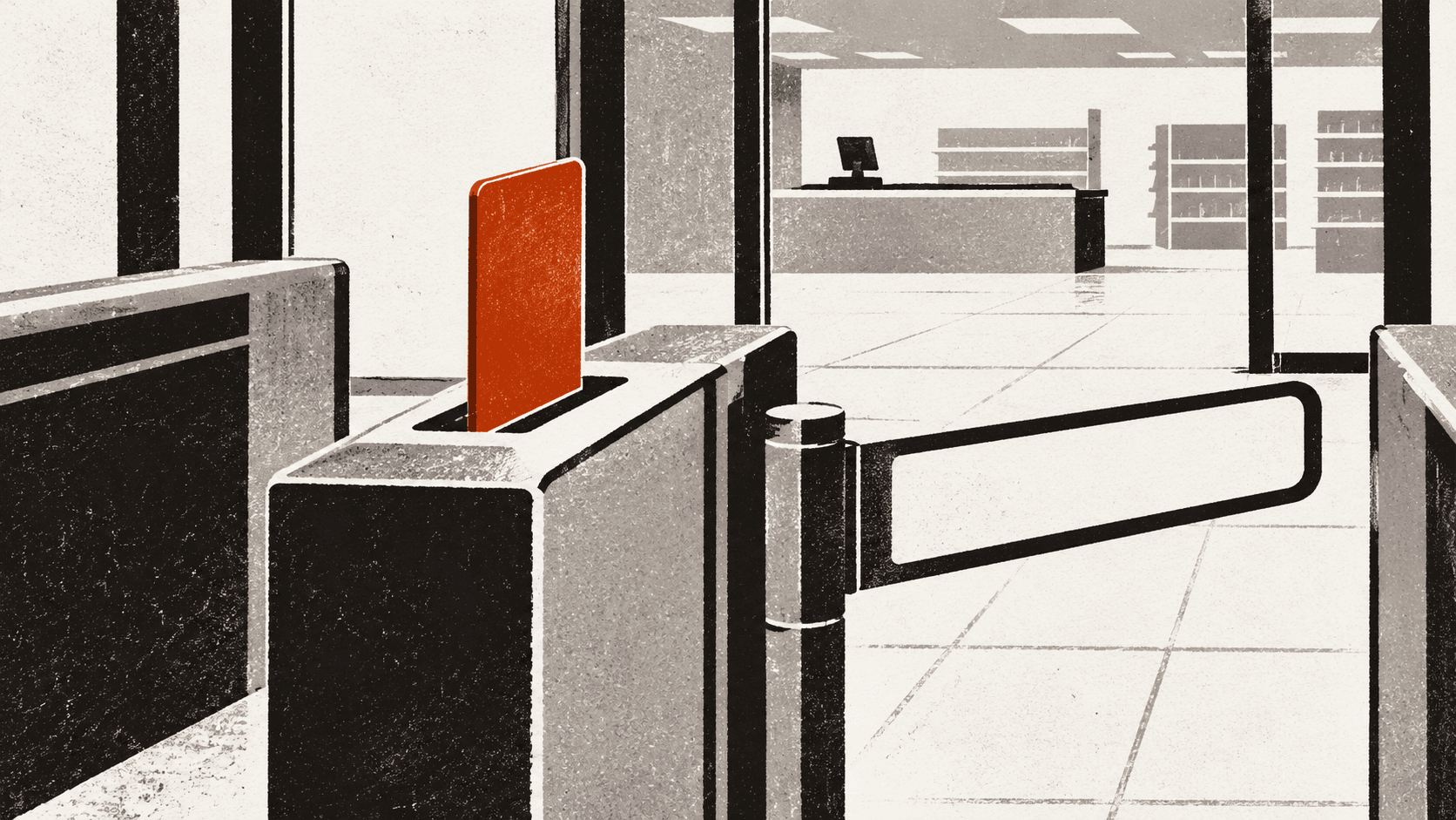 A bank card inserted into a shop turnstile whose barrier stands open with no one in the queue behind it.