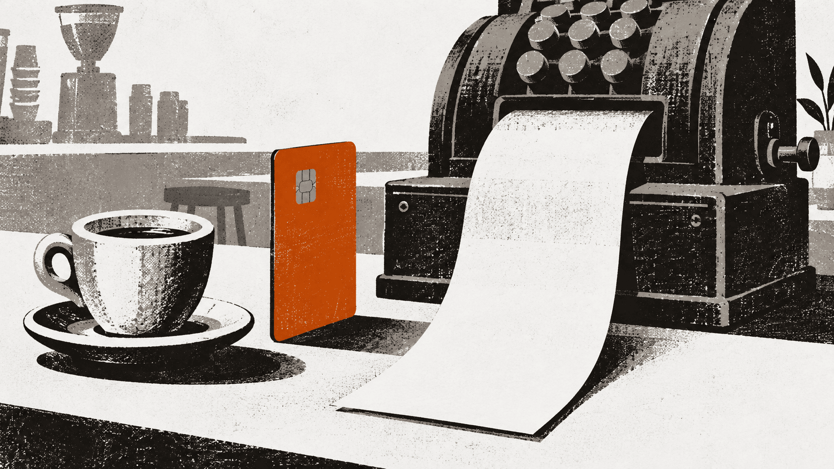 A café counter showing an espresso cup, an upright bank card, and a paper till receipt with its total amount left blank.