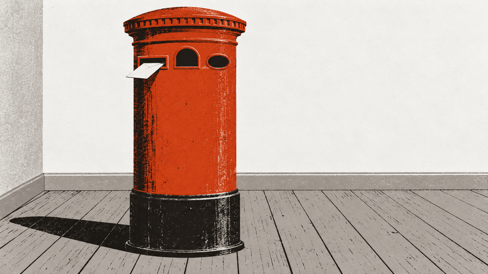 A red pillar postbox fitted with three differently shaped letter slots, only one holding a half-inserted envelope while the other two stand empty.
