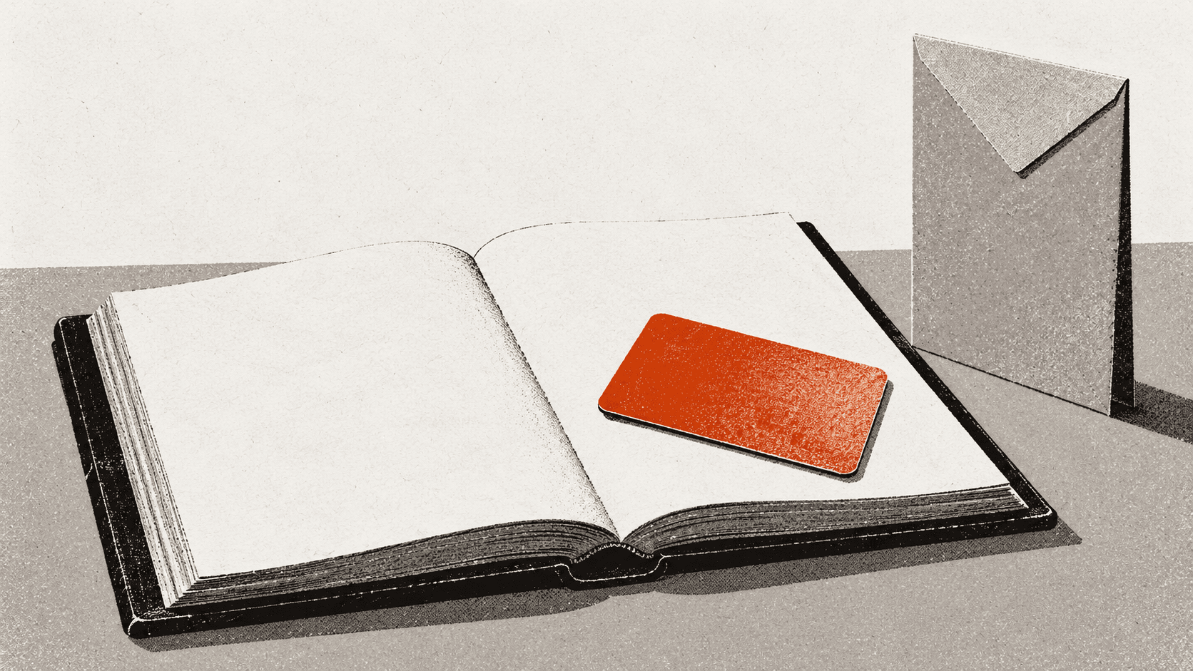 A bank card lying across the blank pages of an open ledger, next to a single sealed, unmarked envelope standing upright on the table.