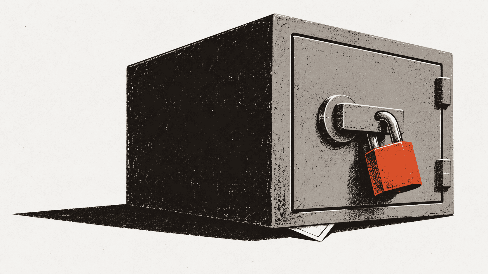 An oversized padlocked steel deposit box on a bare floor with a folded sheet of paper trapped underneath it.