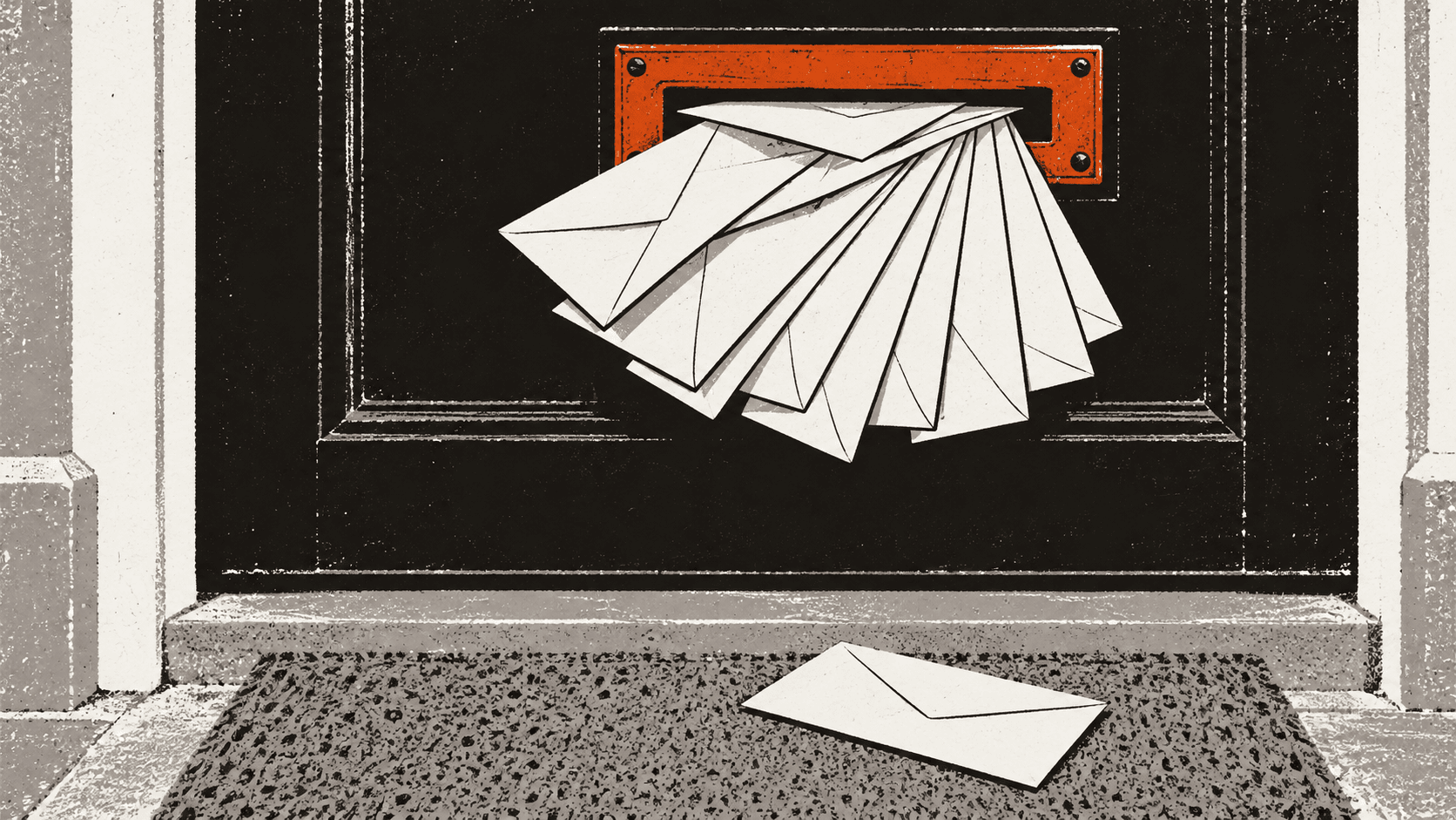 A terraced house letterbox crammed with a fan of identical white envelopes, one having fallen onto the doormat beneath it.