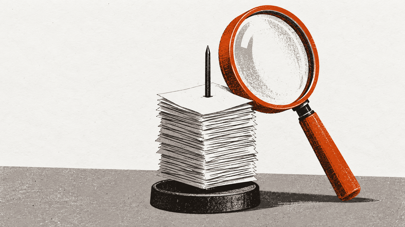 A wire office spike holds a thick stack of paper alert slips beside an oversized magnifying glass, with the topmost slip left blank.
