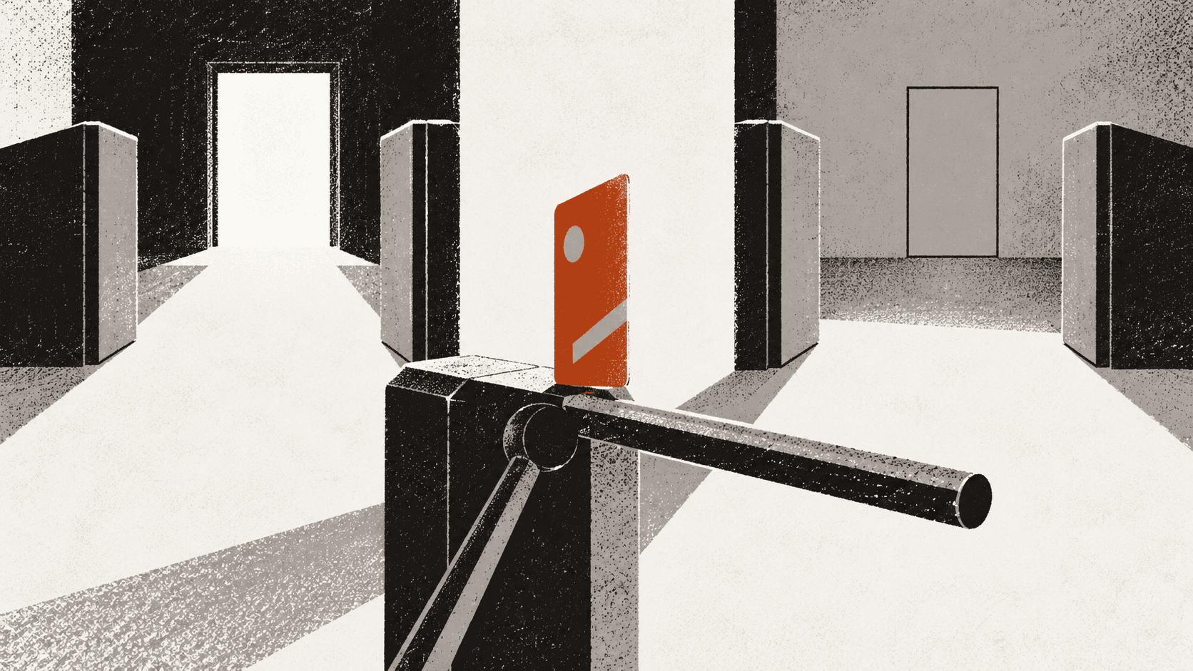A bank card balanced on a turnstile between a gate opening onto a lit doorway and a gate opening onto a wall with a handleless door.