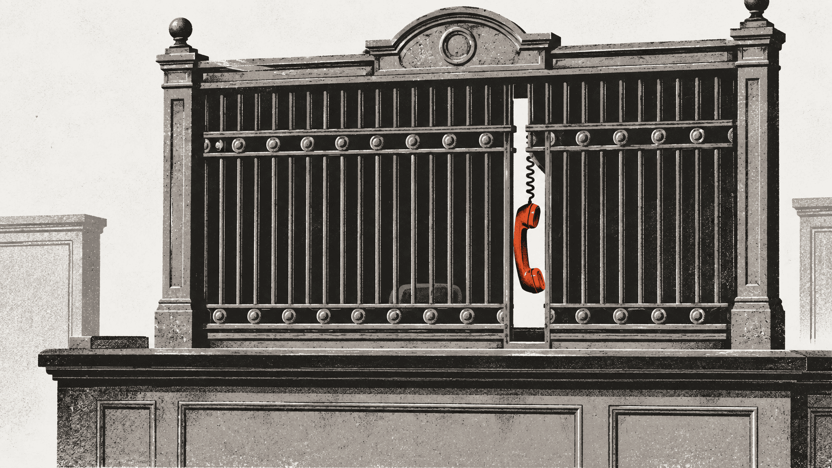 An old bank teller's window with its metal grille pulled almost closed, a corded telephone handset hanging through the single remaining gap.