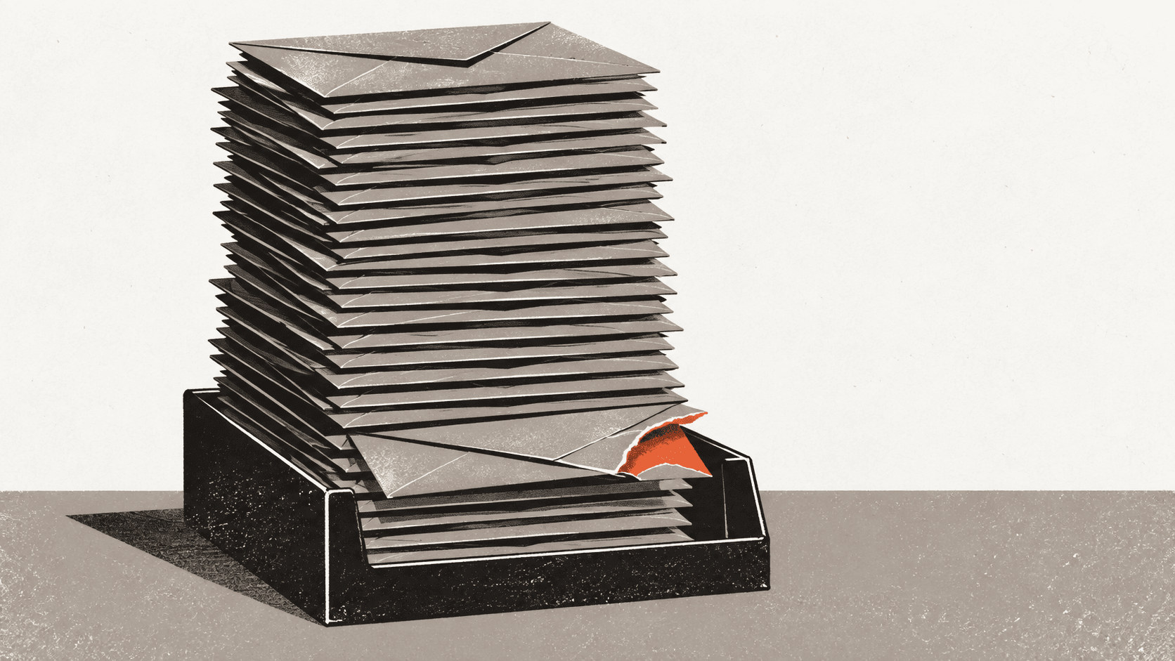 A tall stack of identical sealed brown envelopes in an office in-tray, with only one envelope near the bottom torn half open and its contents still hidden.
