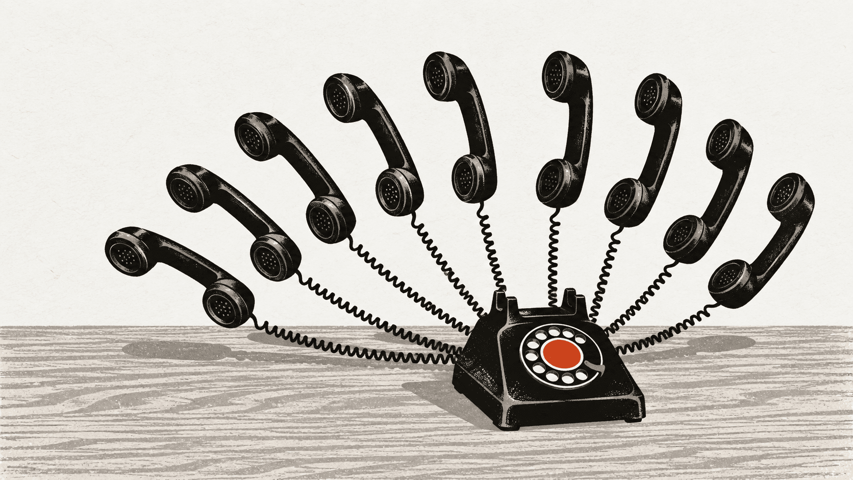 Ten identical telephone receivers fanned out around a single rotary phone on a bare desk, all lifted off their hooks.