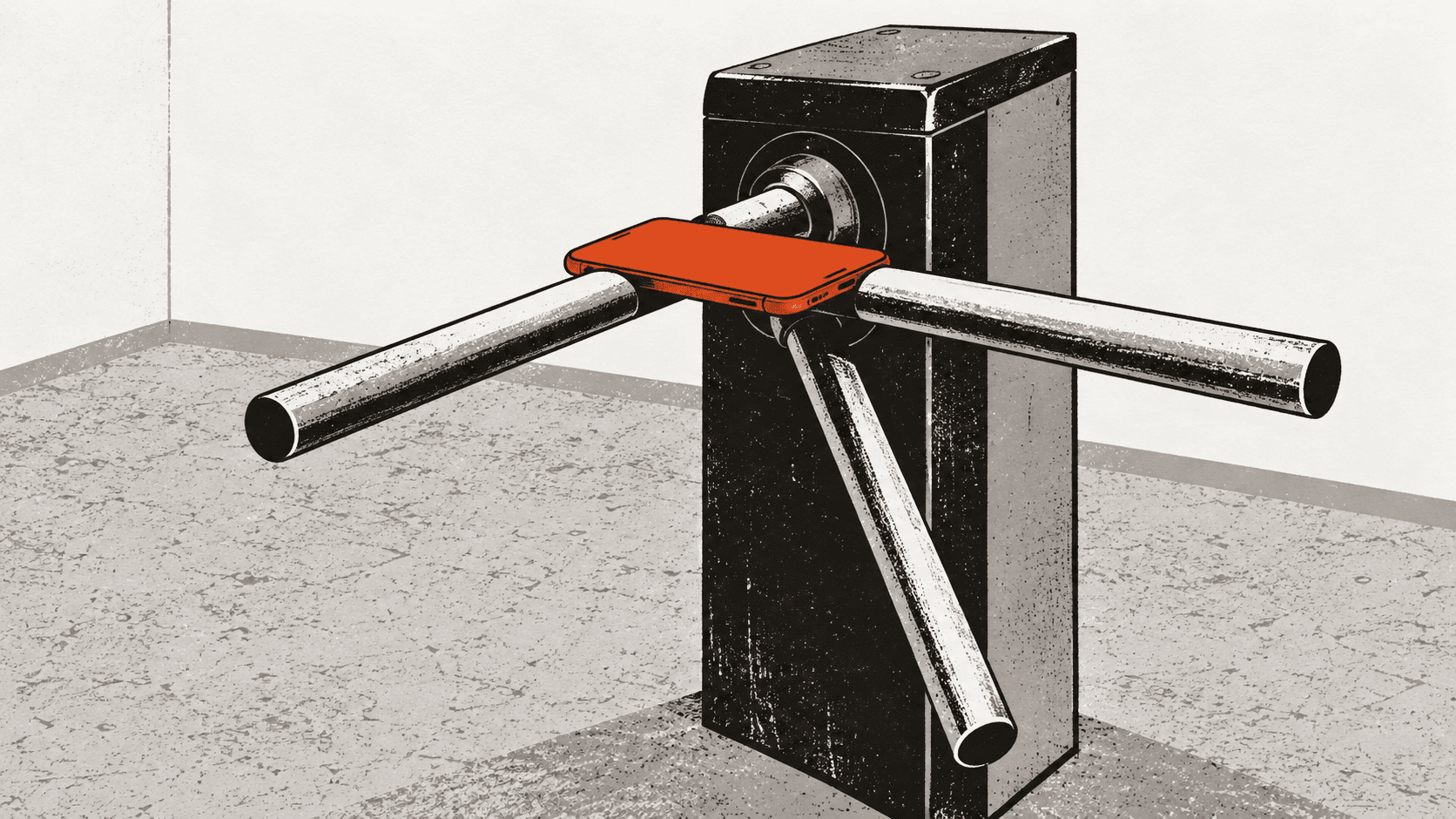 A mobile phone wedged flat across the arms of a turnstile, blocking it from turning, in an empty room.