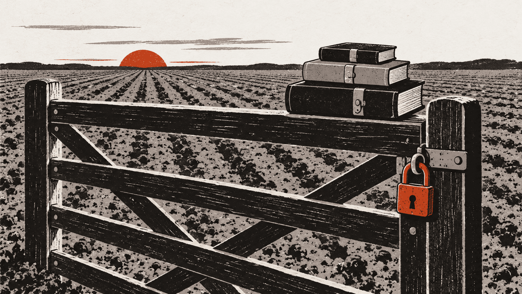 A padlocked farm gate in a bare ploughed field with three closed ledger books of different sizes stacked on its top rail.