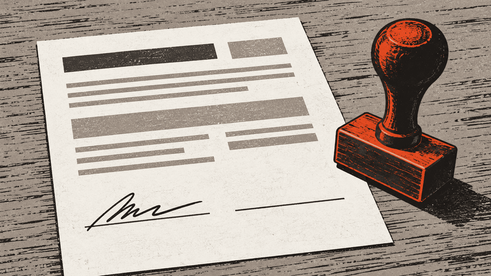 A paper payment form with one signature line signed by hand and a second line left blank beside an unpressed rubber stamp.