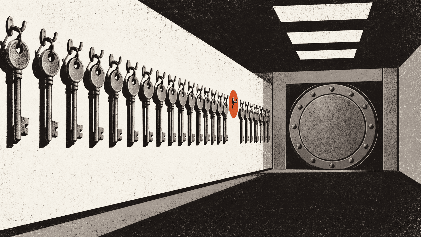 A long row of brass keys hangs on hooks in an empty vault anteroom, with one hook left bare and a closed, handleless steel door at the far end of the room.