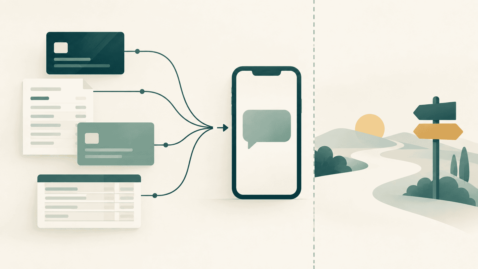 Illustration of several abstract account cards feeding into a smartphone showing a chat bubble, with a dashed line dividing the scene into two zones.