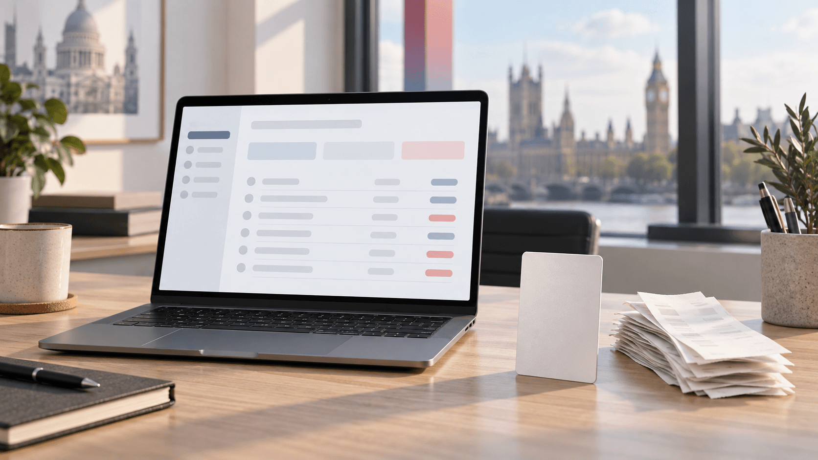 A laptop displaying abstract expense entries next to a blank corporate payment card and a small stack of receipts on an office desk, representing integrated business finance software.