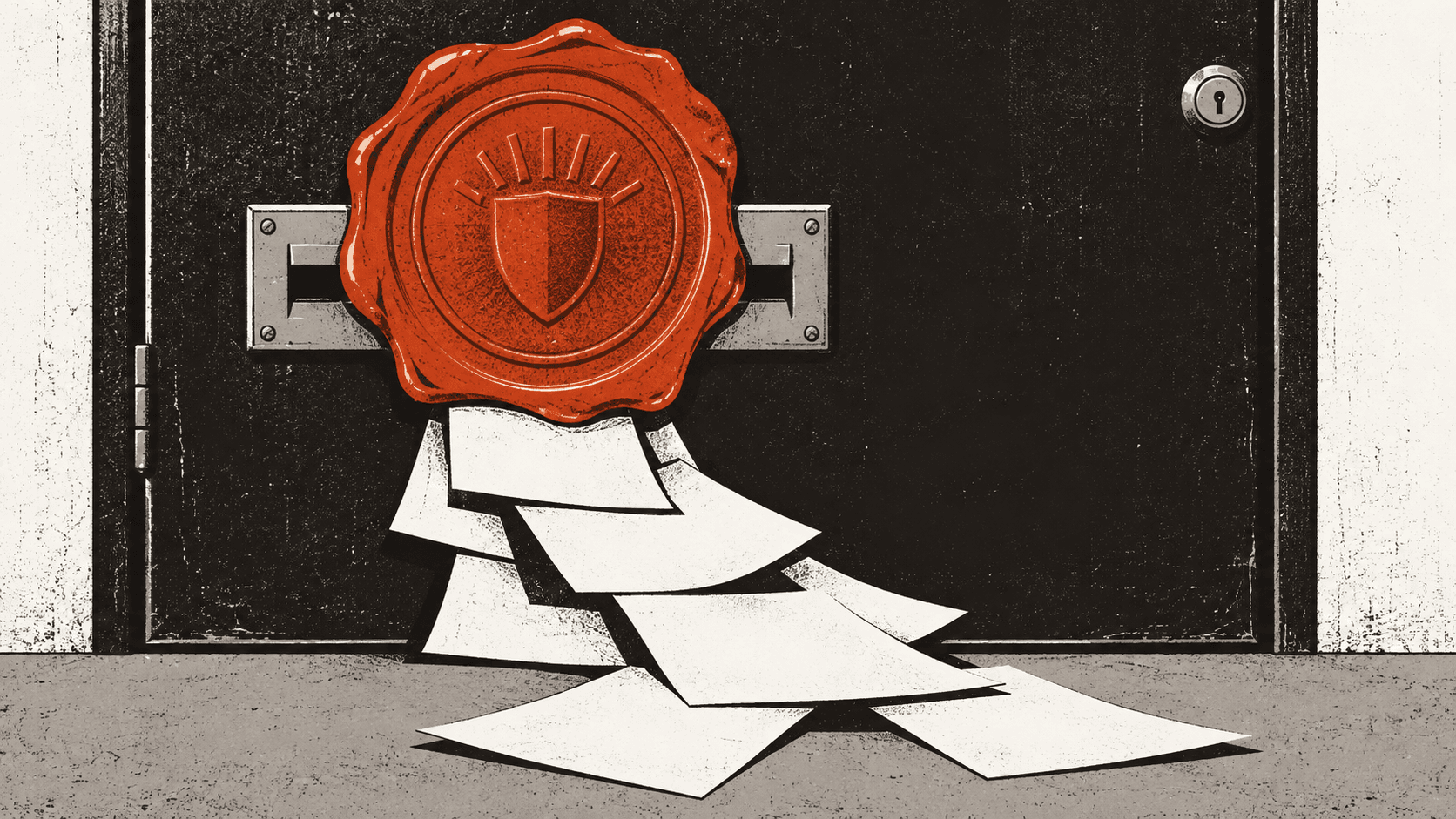 An oversized official wax seal on a brass letterbox set into a blank steel door, with paper documents spilling out onto the floor below it.